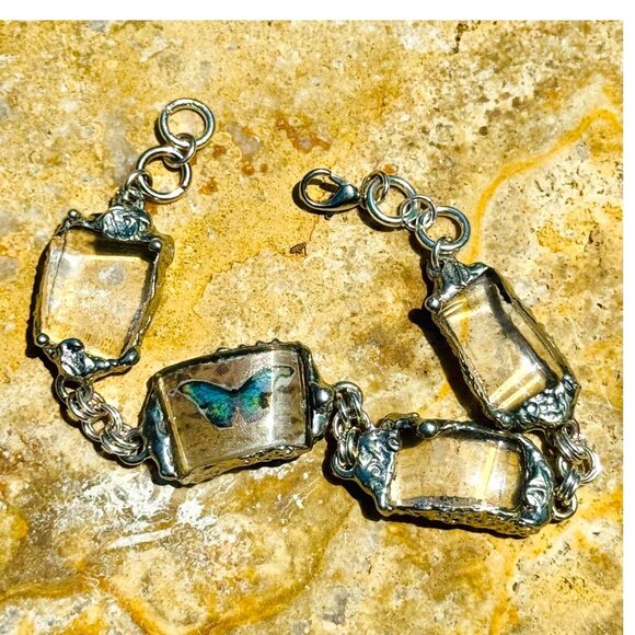 Vintage Anchor Hocking Lead Crystal Glass & Silver Blend Bezels Artisan Bracelet - Picture 5 of 16